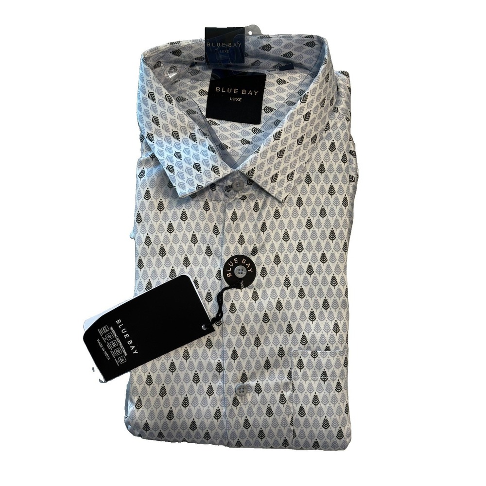 NWT Blue Bay Luxe Men's Dress Shirt XXL 44 Long Sleeve White Gray Tree Print